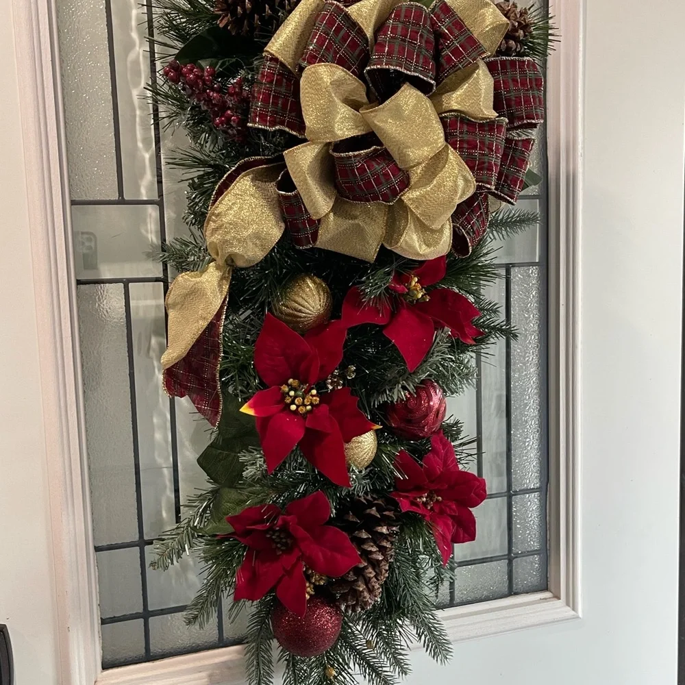 **Burgundy Poinsettia Christmas Teardrop Swag Wreath Front door
